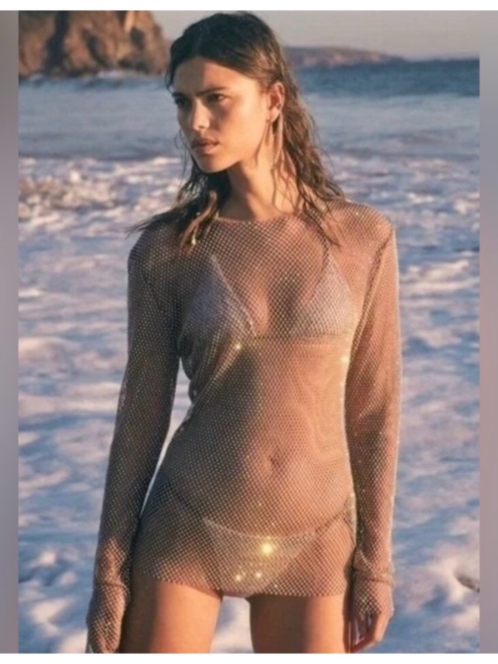 Free People Filter Finish Sparkly Mesh Long Sleeve Top Cover Up - Blush Sand
